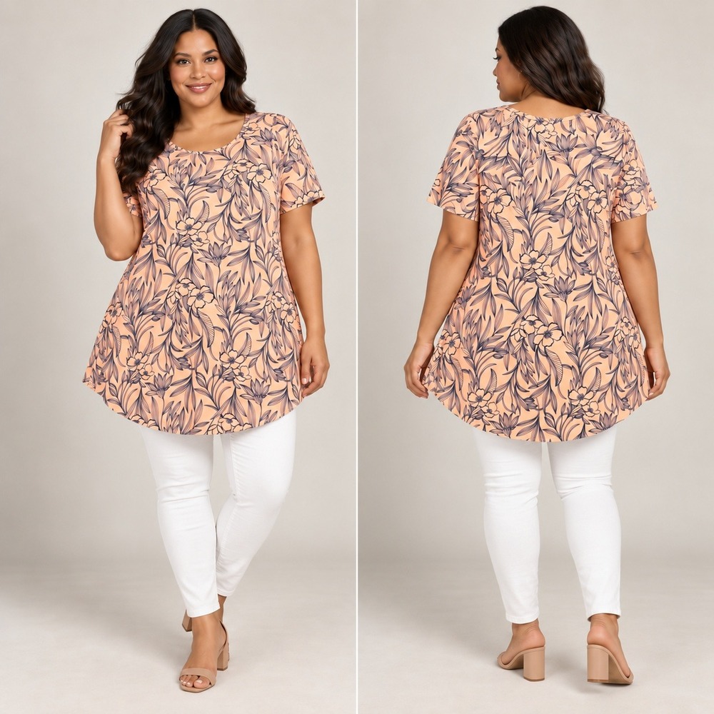 Lane Bryant Tunic Top Women 14 16 Peach Floral Short Sleeve Swing Boho Romantic